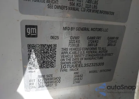 2025 GMC Sierra 1500 4Wd Short Box At4 z USA, uszkodzony, nr VIN 1GTUUEEL3SZ325309